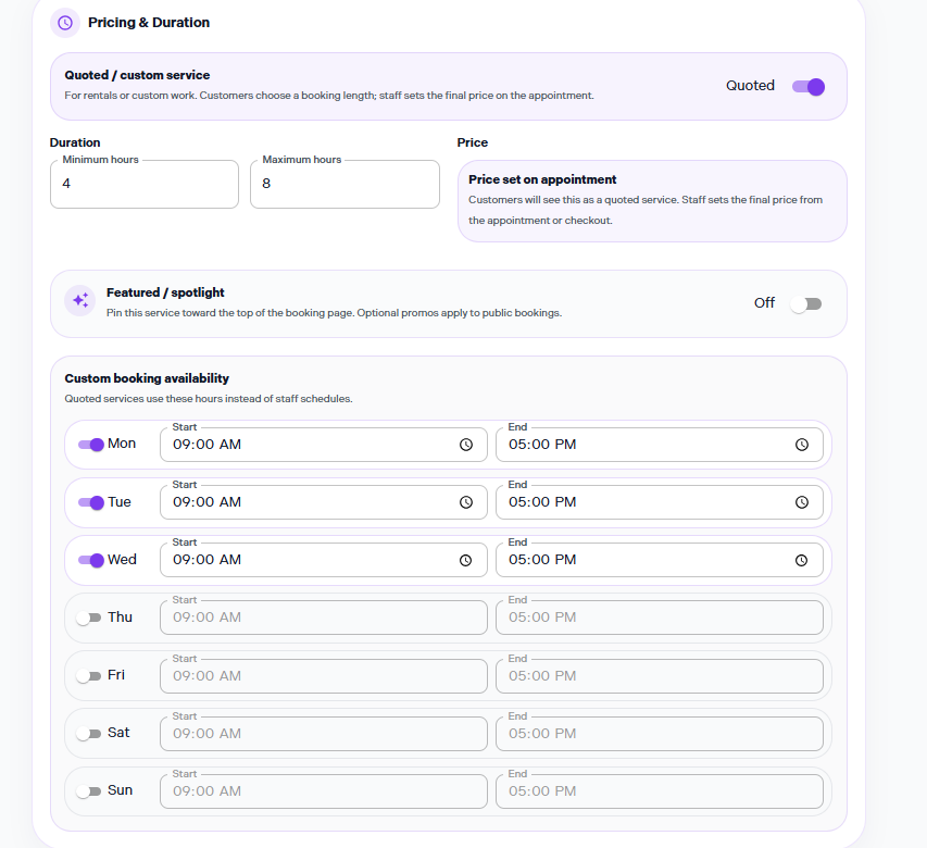 Quoted or custom service pricing